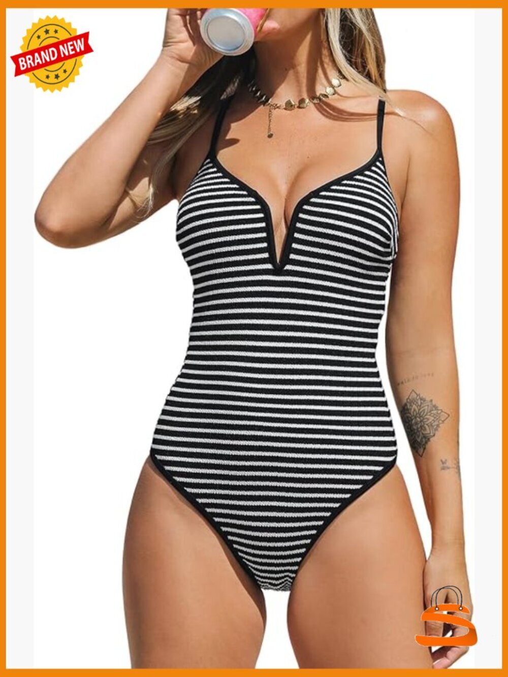One Piece Swimsuit Deep V Neck Crisscross Back Adjustable Straps Ribbed Cheeky